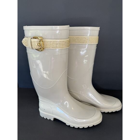 Burberry Plaid Lined Rain Boots Beige Rubber Equestrian Buckle Women’s EU 37 - Picture 2 of 16